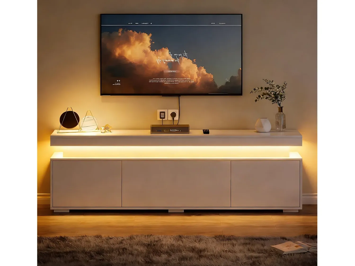 ModernLuxe Móvel de TV envernizado brilhante 150x35x43 cm - 3 portas + 4 compartimentos de armazenamento - Iluminação LED - Painéis de partículas -^ Móvel De Tv
