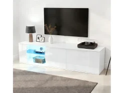Clearance ModernLuxe Móvel de TV envernizado brilhante 180x40x45 cm - Iluminação LED - 3 portas - Vitrais de vidro temperado - Painéis de partículas - Branco