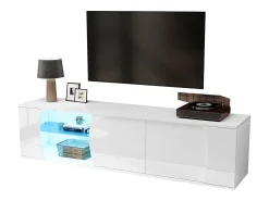 Clearance ModernLuxe Móvel de TV envernizado brilhante 180x40x45 cm - Iluminação LED - 3 portas - Vitrais de vidro temperado - Painéis de partículas - Branco