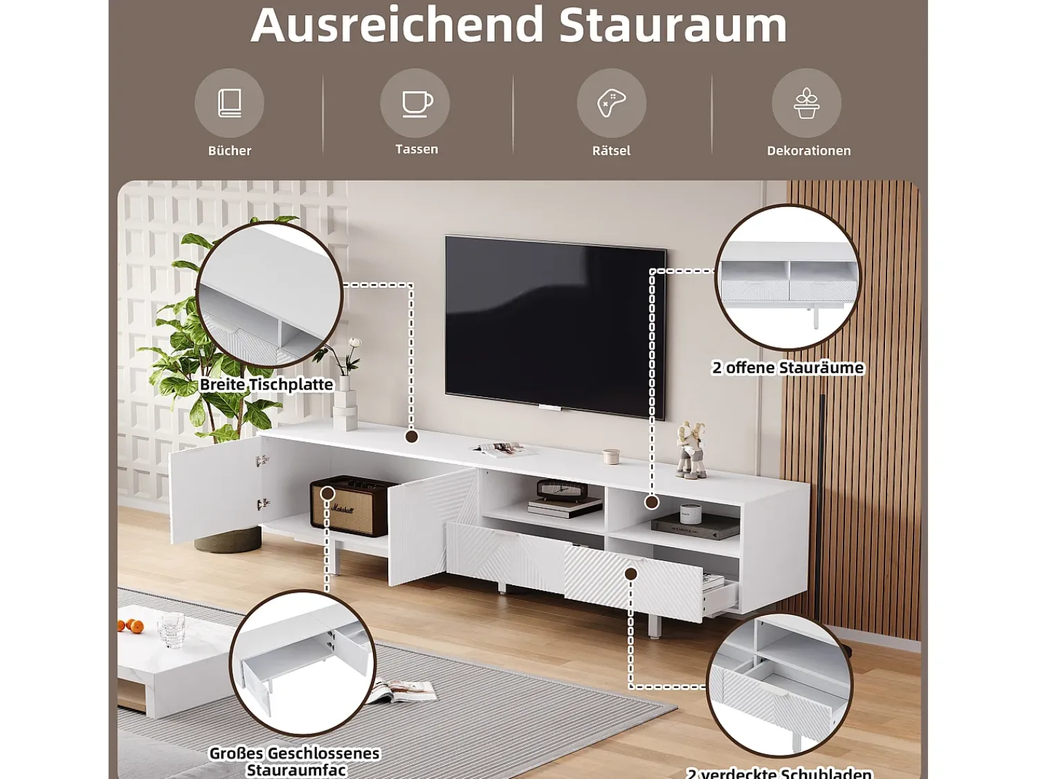 Móvel De Tv*Merax Móvel de TV estilo boêmio com 2 portas e 2 gavetas - 200 x 40 x 51 cm - Aglomerado - para sala de jantar - Branco