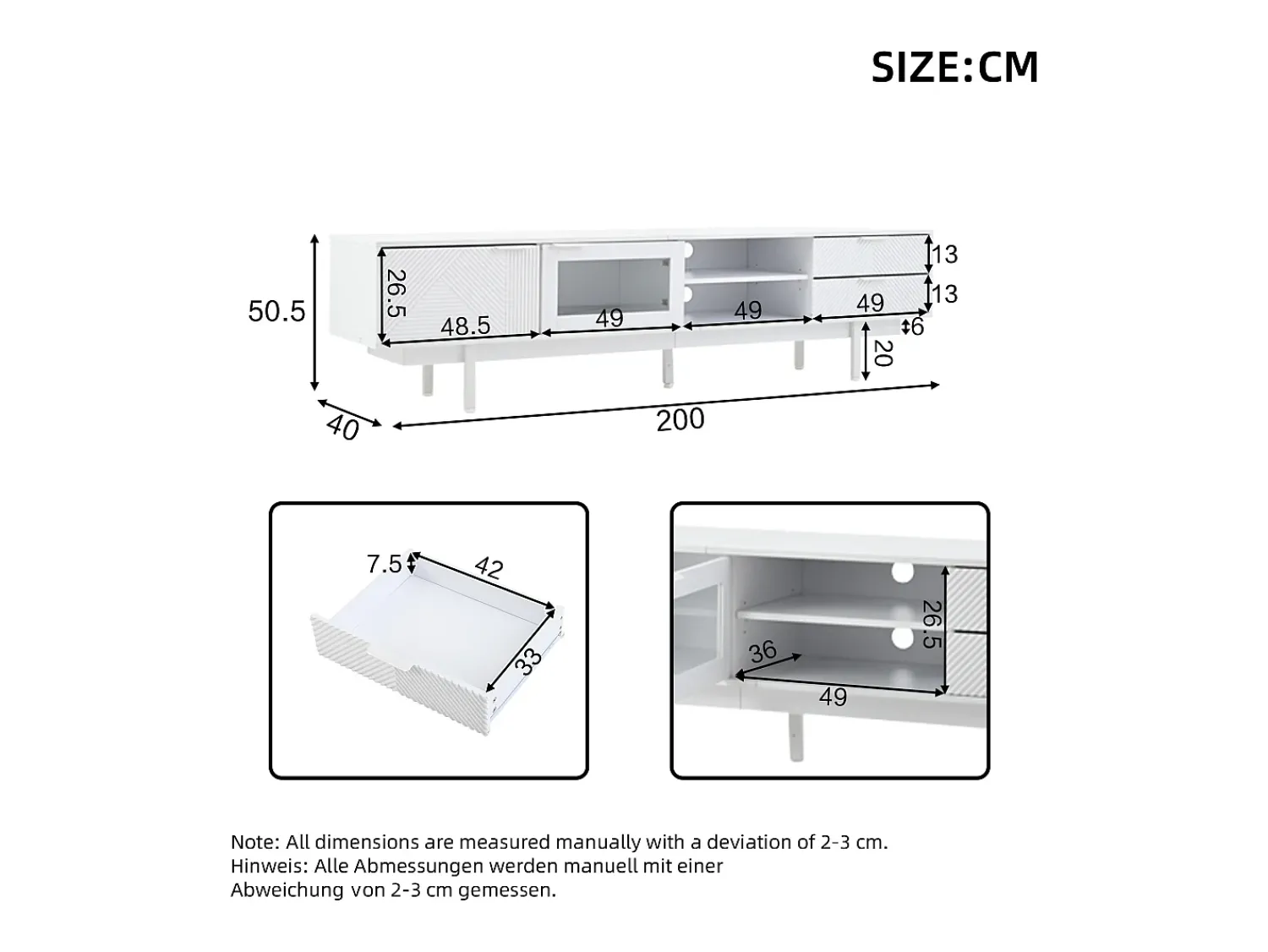 Móvel de TV estilo boêmio com espaço de armazenamento, portas de armário minimalistas, 200 x 40 x 51 cm, Branco