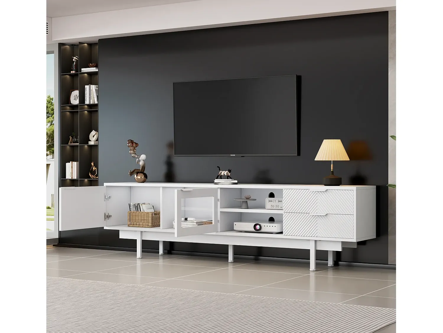 Móvel de TV estilo boêmio com espaço de armazenamento, portas de armário minimalistas, 200 x 40 x 51 cm, Branco