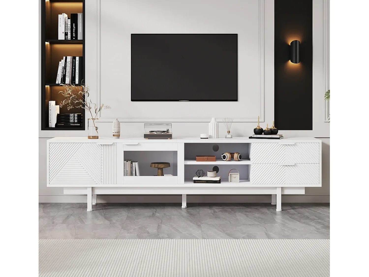 Móvel de TV estilo boêmio com espaço de armazenamento, portas de armário minimalistas, 200 x 40 x 51 cm, Branco