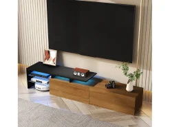 Móvel de TV, estiloso e elegante, com visual preto/madeira, prateleiras de vidro e iluminação LED. Espaço de armazenamento prático. Natural escuro