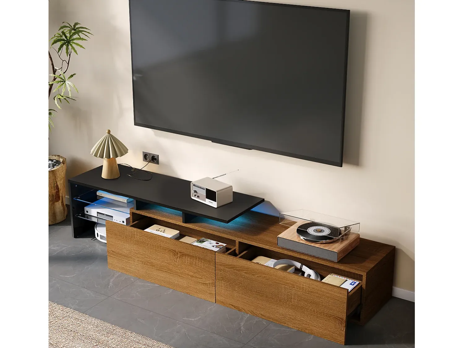 Móvel de TV, estiloso e elegante, com visual preto/madeira, prateleiras de vidro e iluminação LED. Espaço de armazenamento prático. Natural escuro