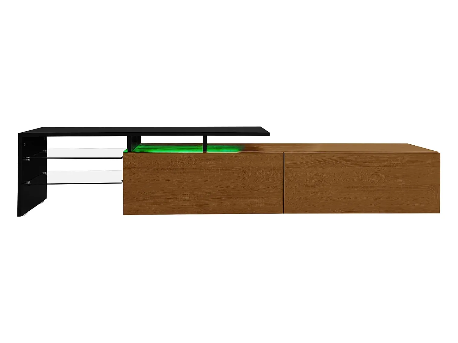 Móvel de TV, estiloso e elegante, com visual preto/madeira, prateleiras de vidro e iluminação LED. Espaço de armazenamento prático. Natural escuro