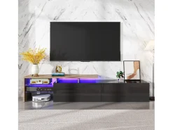 Móvel De Tv* Móvel de TV, estiloso e elegante, com acabamento em brilhante e aparência de madeira, prateleiras de vidro e iluminação LED. Espaço de armazenamento prático. Preto