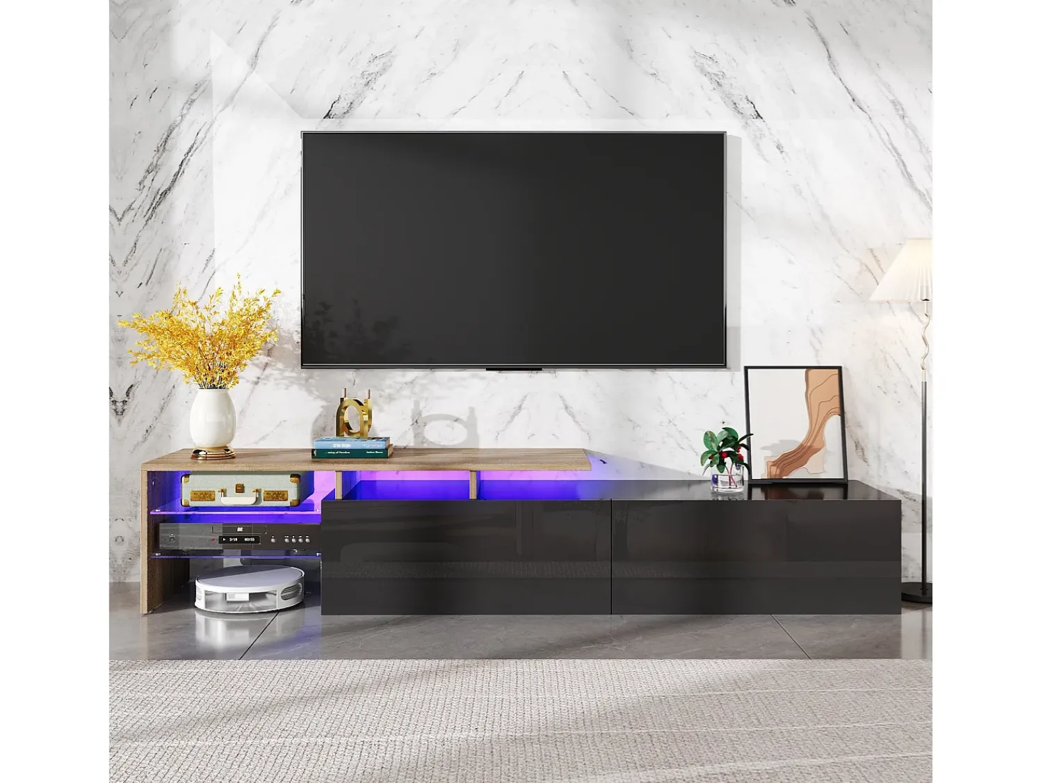Móvel De Tv* Móvel de TV, estiloso e elegante, com acabamento em brilhante e aparência de madeira, prateleiras de vidro e iluminação LED. Espaço de armazenamento prático. Preto