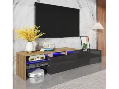 Móvel De Tv* Móvel de TV, estiloso e elegante, com acabamento em brilhante e aparência de madeira, prateleiras de vidro e iluminação LED. Espaço de armazenamento prático. Preto