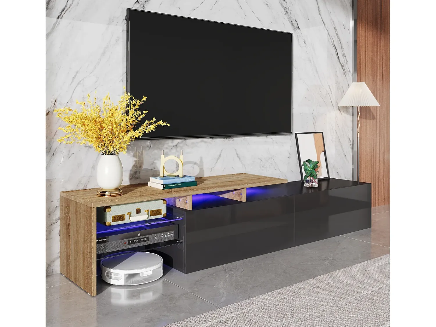 Móvel De Tv* Móvel de TV, estiloso e elegante, com acabamento em brilhante e aparência de madeira, prateleiras de vidro e iluminação LED. Espaço de armazenamento prático. Preto