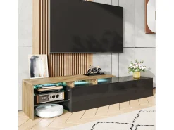 Móvel De Tv* Móvel de TV, estiloso e elegante, com acabamento em brilhante e aparência de madeira, prateleiras de vidro e iluminação LED. Espaço de armazenamento prático. Preto