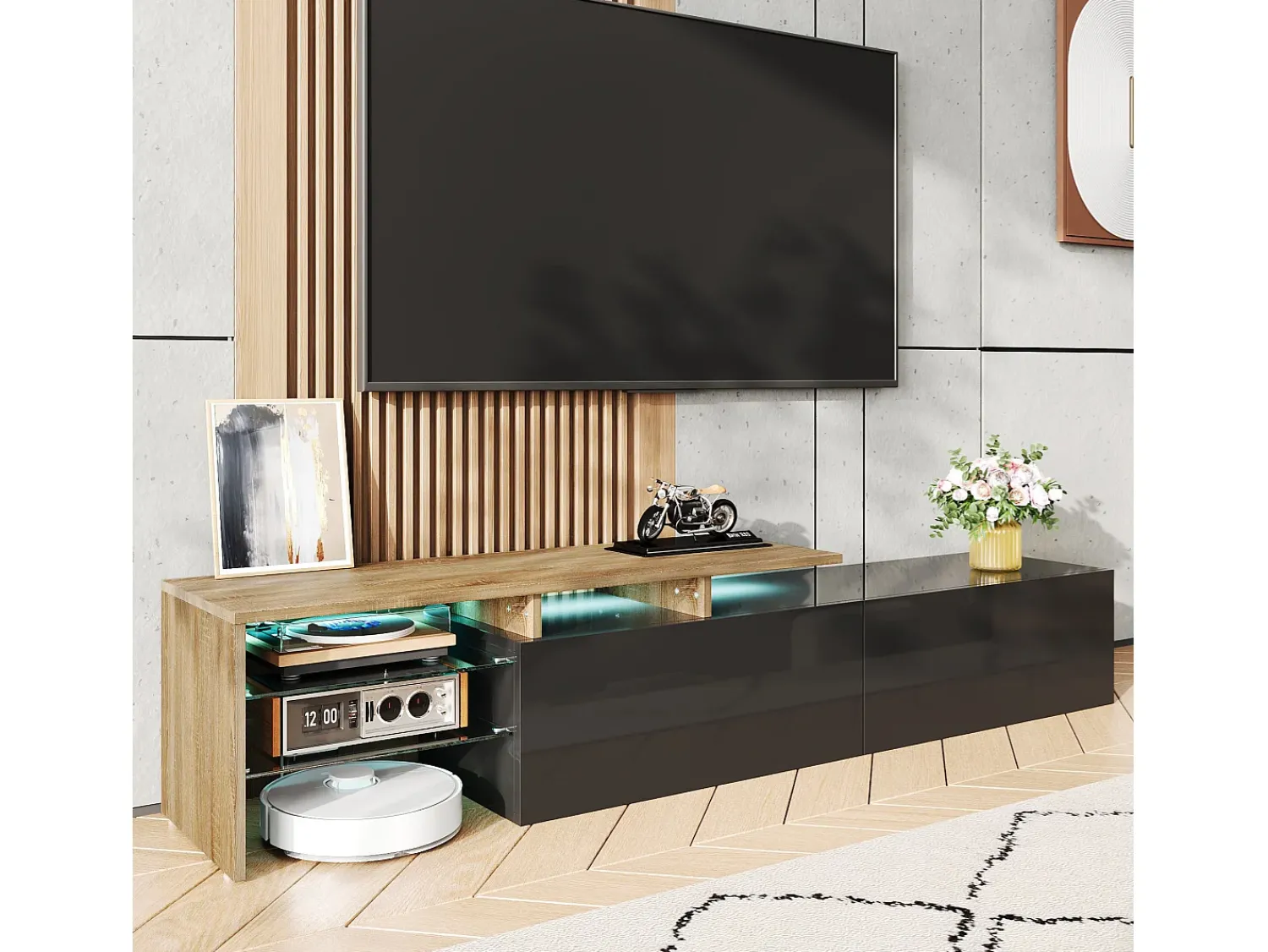 Móvel De Tv* Móvel de TV, estiloso e elegante, com acabamento em brilhante e aparência de madeira, prateleiras de vidro e iluminação LED. Espaço de armazenamento prático. Preto