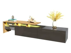 Móvel De Tv* Móvel de TV, estiloso e elegante, com acabamento em brilhante e aparência de madeira, prateleiras de vidro e iluminação LED. Espaço de armazenamento prático. Preto