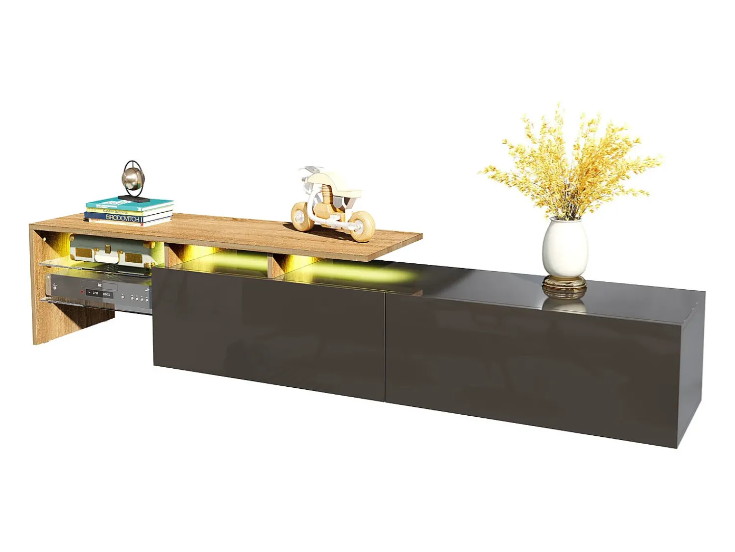 Móvel De Tv* Móvel de TV, estiloso e elegante, com acabamento em brilhante e aparência de madeira, prateleiras de vidro e iluminação LED. Espaço de armazenamento prático. Preto