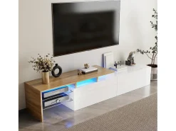 Móvel de TV, estiloso e elegante, com acabamento em brilhante e aparência de madeira, prateleiras de vidro e iluminação LED. Espaço de armazenamento prático.^ Móvel De Tv