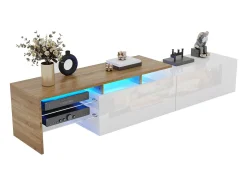 Móvel de TV, estiloso e elegante, com acabamento em brilhante e aparência de madeira, prateleiras de vidro e iluminação LED. Espaço de armazenamento prático.^ Móvel De Tv