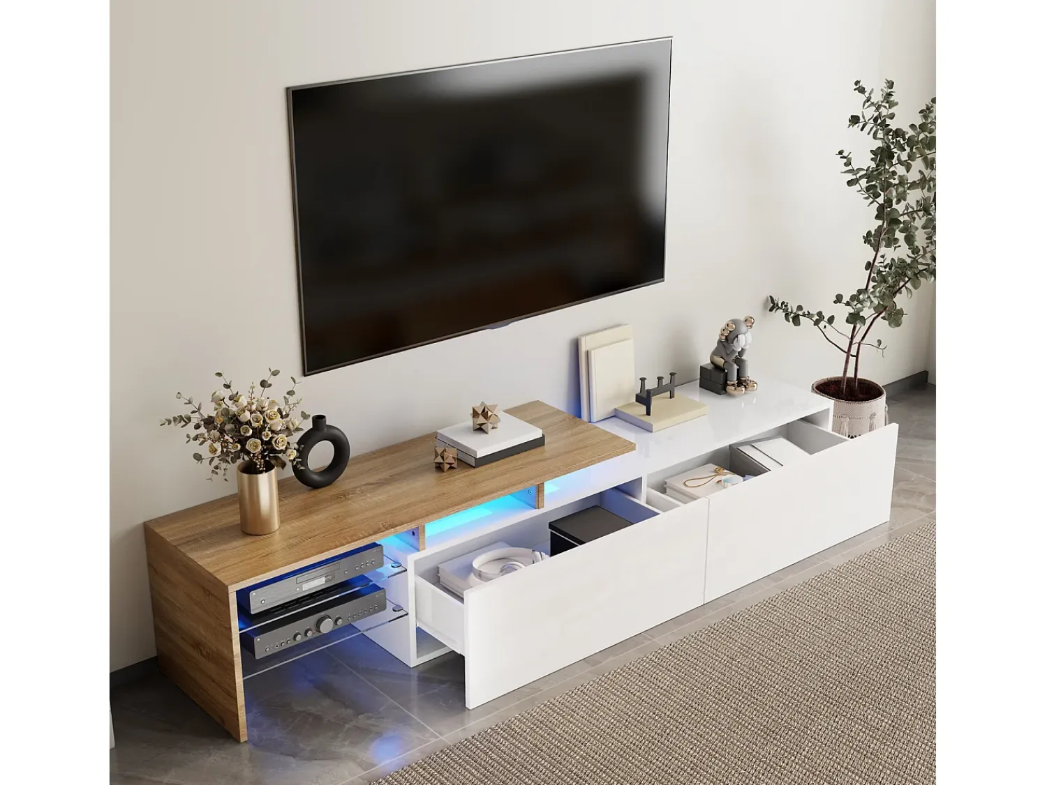 Móvel de TV, estiloso e elegante, com acabamento em brilhante e aparência de madeira, prateleiras de vidro e iluminação LED. Espaço de armazenamento prático.^ Móvel De Tv