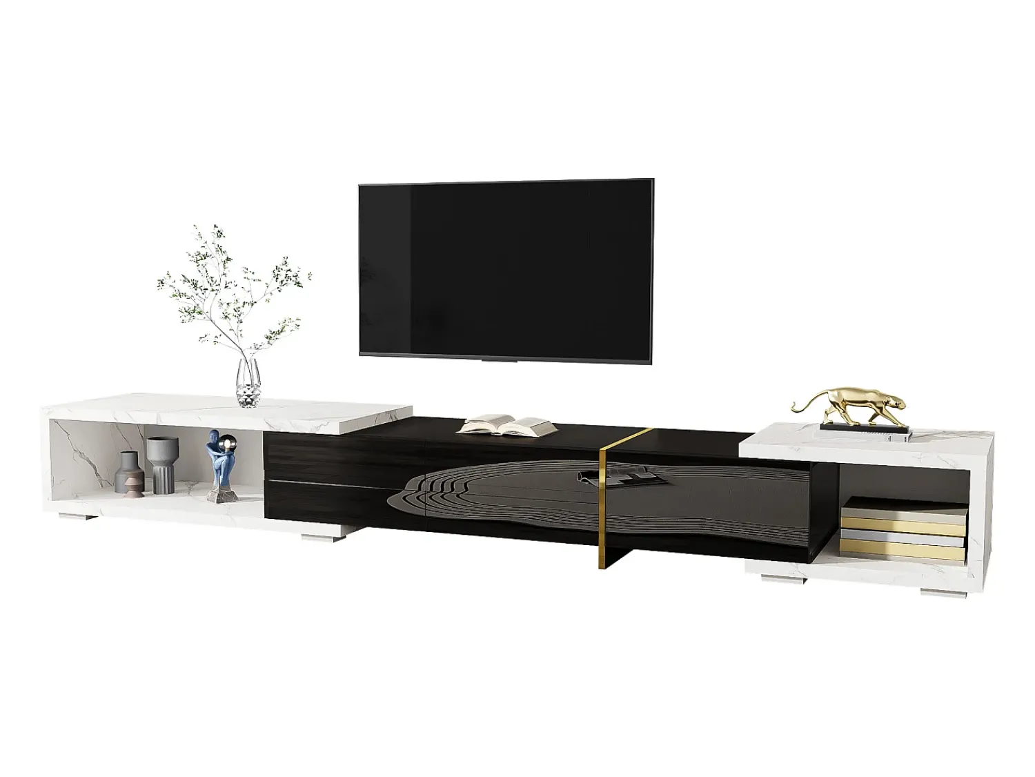 Móvel De Tv*Merax Móvel de TV extensível com 3 portas - 140/260 x 40 x 30 cm - Efeito mármore - MDF - brilhante + branco Preto