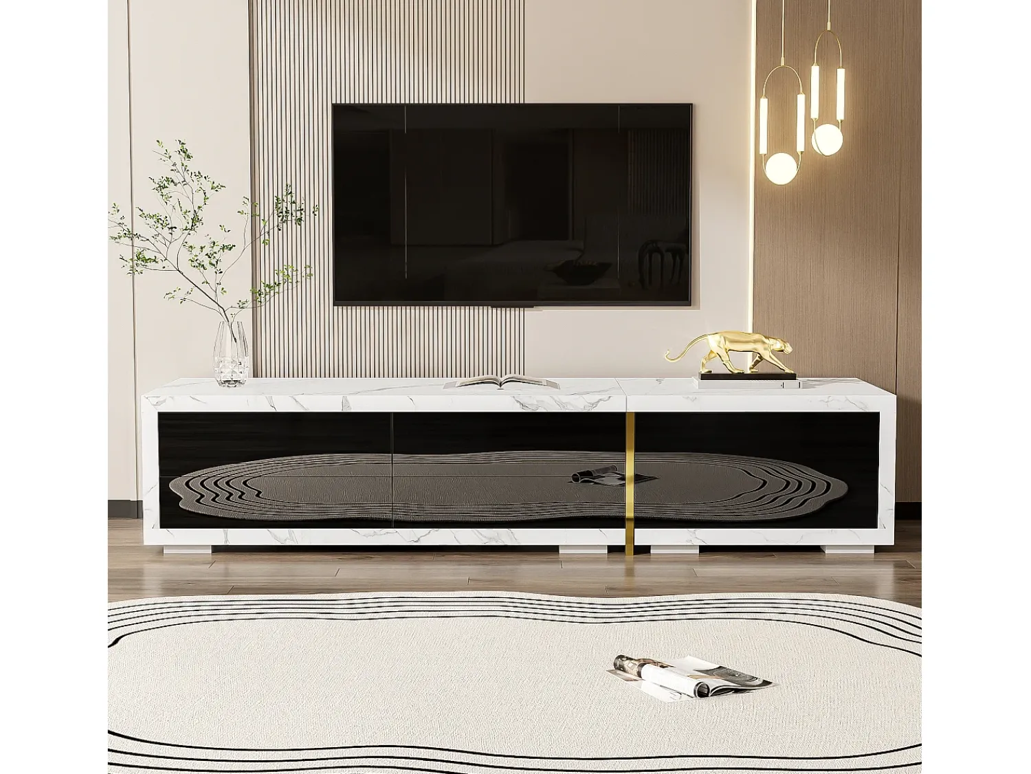Móvel De Tv*Merax Móvel de TV extensível com 3 portas - 140/260 x 40 x 30 cm - Efeito mármore - MDF - brilhante + branco Preto