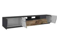Hot Dmora Móvel de TV Gregorio, Aparador baixo de sala com 4 portas, Base de móvel de televisão, 100% Fabricado em Itália, 260x43h46 cm, Ardósia e Bordo Castanho