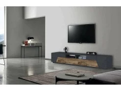 Hot Dmora Móvel de TV Gregorio, Aparador baixo de sala com 4 portas, Base de móvel de televisão, 100% Fabricado em Itália, 260x43h46 cm, Ardósia e Bordo Castanho