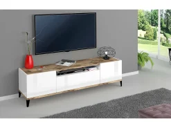 Sale Dmora Móvel de TV Ivan, Aparador baixo de sala com 2 portas, Base de móvel de televisão, 100% Fabricado na Itália, 160x40h47 cm, brilhante e bordo Branco