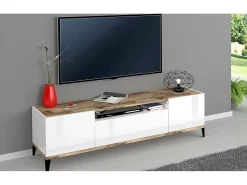 Sale Dmora Móvel de TV Ivan, Aparador baixo de sala com 2 portas, Base de móvel de televisão, 100% Fabricado na Itália, 160x40h47 cm, brilhante e bordo Branco