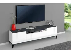Móvel De Tv|Dmora Móvel de TV Ivan, Aparador baixo de sala com 2 portas, Base de móvel de televisão, 100% Fabricado na Itália, 160x40h47 cm, brilhante e ardósia Branco