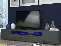 Best Dmora Móvel de TV Jesse, Aparador baixo de sala com 3 portas, Base de móvel de televisão, 100% Fabricado em Itália, 200x40h37 cm, Antracite brilhante, com luz LED Preto