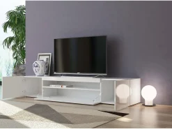 Clearance Dmora Móvel de TV Jesse, Aparador baixo de sala com 3 portas, Base de móvel de televisão, 100% Fabricado em Itália, 200x40h37 cm, brilhante Branco