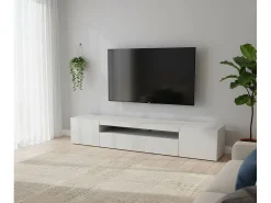 Clearance Dmora Móvel de TV Jesse, Aparador baixo de sala com 3 portas, Base de móvel de televisão, 100% Fabricado em Itália, 200x40h37 cm, brilhante Branco