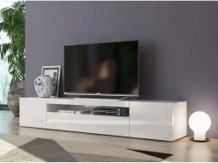 Clearance Dmora Móvel de TV Jesse, Aparador baixo de sala com 3 portas, Base de móvel de televisão, 100% Fabricado em Itália, 200x40h37 cm, brilhante Branco
