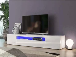 Móvel De Tv*Dmora Móvel de TV Jesse, Aparador baixo de sala com 3 portas, Base de móvel de televisão, 100% Fabricado em Itália, 200x40h37 cm, brilhante, com luz LED Branco