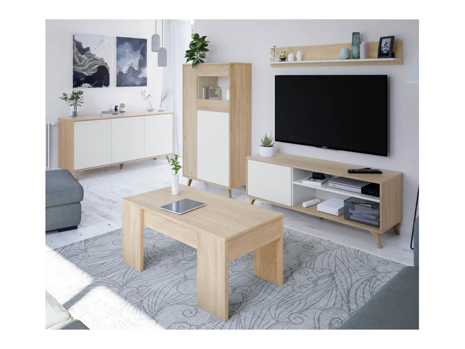 Hot Loungitude Móvel de TV Kikua Plus 135 cm com prateleira em carvalho e para a sala de estar Branco
