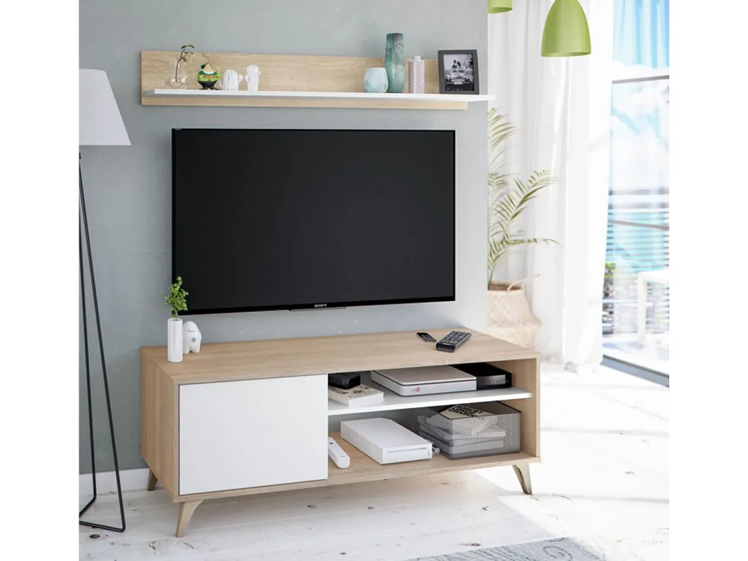 Hot Loungitude Móvel de TV Kikua Plus 135 cm com prateleira em carvalho e para a sala de estar Branco