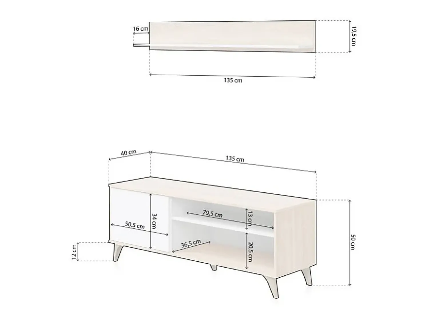 Hot Loungitude Móvel de TV Kikua Plus 135 cm com prateleira em carvalho e para a sala de estar Branco
