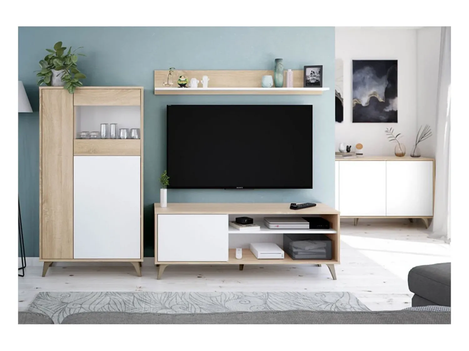 Hot Loungitude Móvel de TV Kikua Plus 135 cm com prateleira em carvalho e para a sala de estar Branco