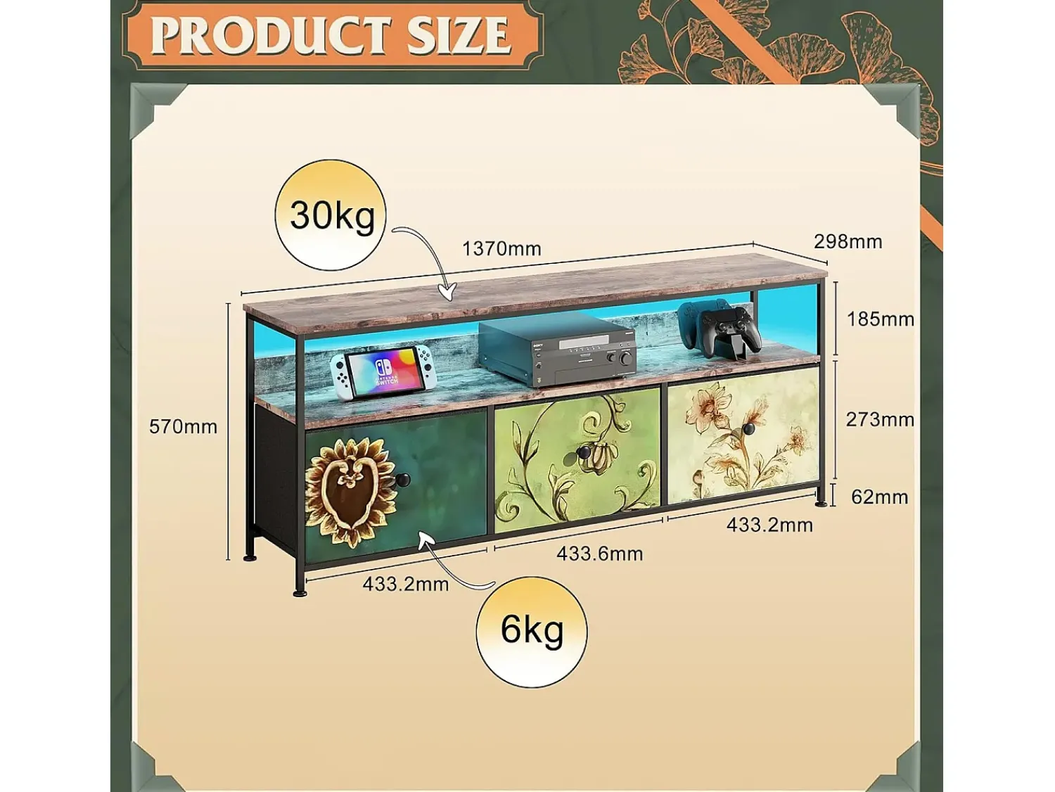 Móvel de TV LED com 3 gavetas, 137x30x57cm, aparador de TV retrô, gavetas coloridas^ Móvel De Tv