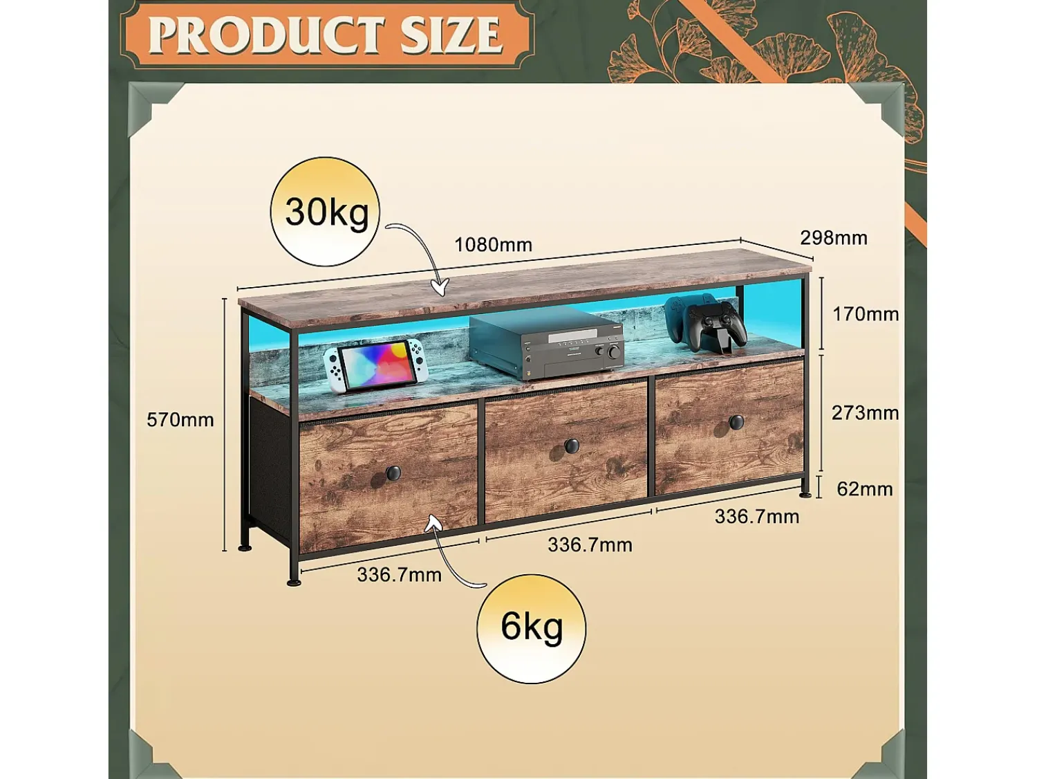 Móvel de TV LED com 3 gavetas, aparador de TV retrô de 108x30x57 cm, gaveta cor pele de tigre Preto / Natural escuro