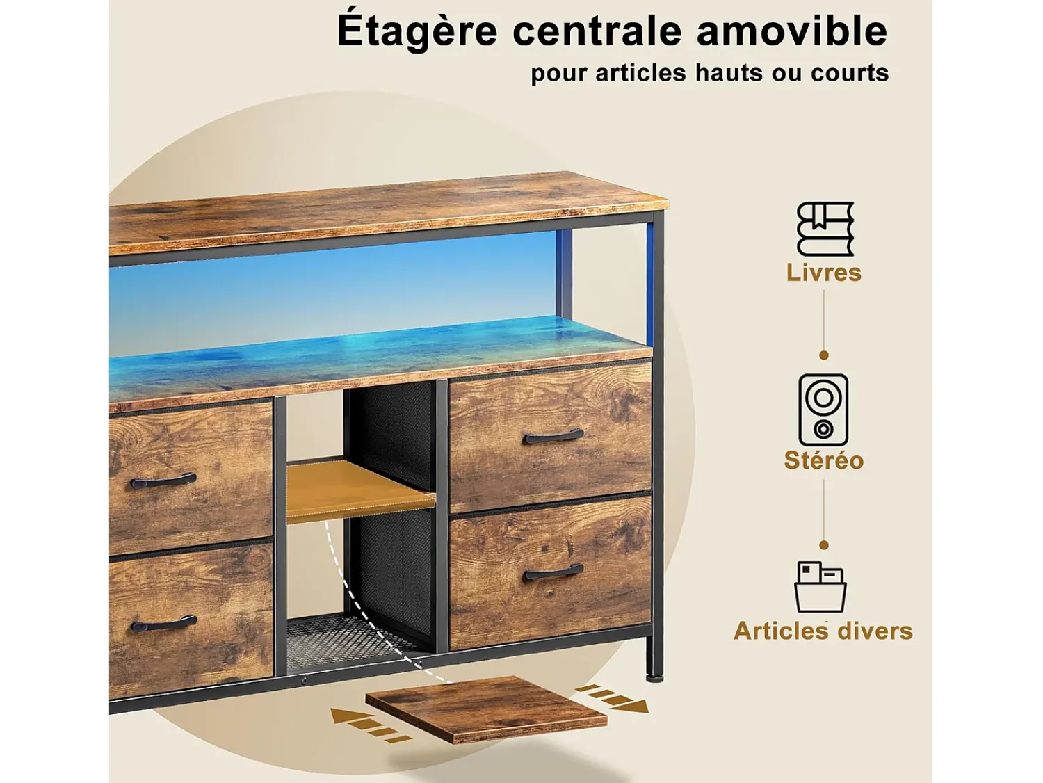Móvel De Tv| Móvel de TV LED com 4 gavetas, aparador de TV retrô de 137x30x78 cm, gaveta cor pele de tigre Preto / Natural escuro