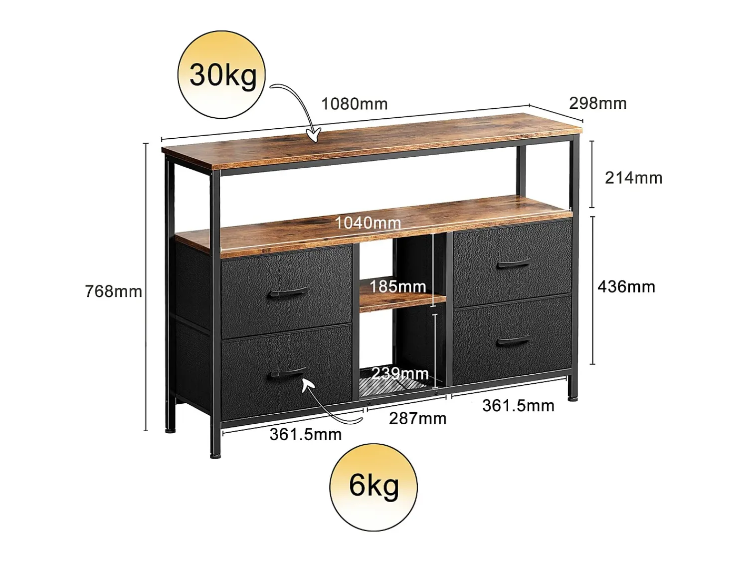 Móvel De Tv* Móvel de TV LED com 4 gavetas, 108x30x78cm, aparador de bancada de TV retrô, Preto