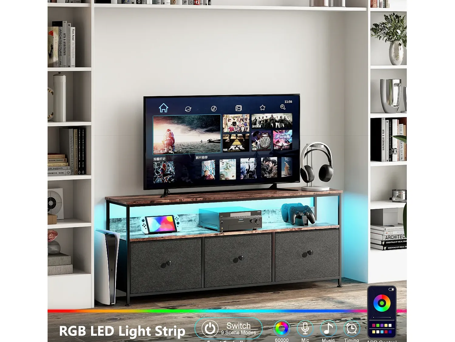 Móvel De Tv* Móvel de TV LED com 3 gavetas, 137x30x57cm, aparador de bancada de TV retrô, Preto