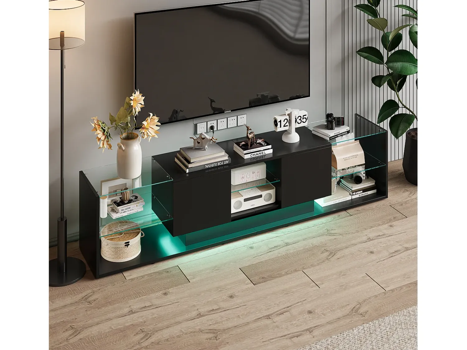 Móvel De Tv* Móvel de TV LED Suspenso Preto 200cm com Design Moderno, Vidro Temperado e Iluminação RGB Bege