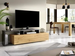 Móvel De Tv|Dmora Móvel de TV Maiella, Aparador baixo da sala, Aparador da sala para televisão, 165x40h47 cm, Carvalho Nodi e Antracite Castanho