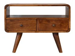 Móvel de TV Mini curvo em castanheiro Artisan Furniture, 2 gavetas, 1 prateleira aberta,^ Móvel De Tv