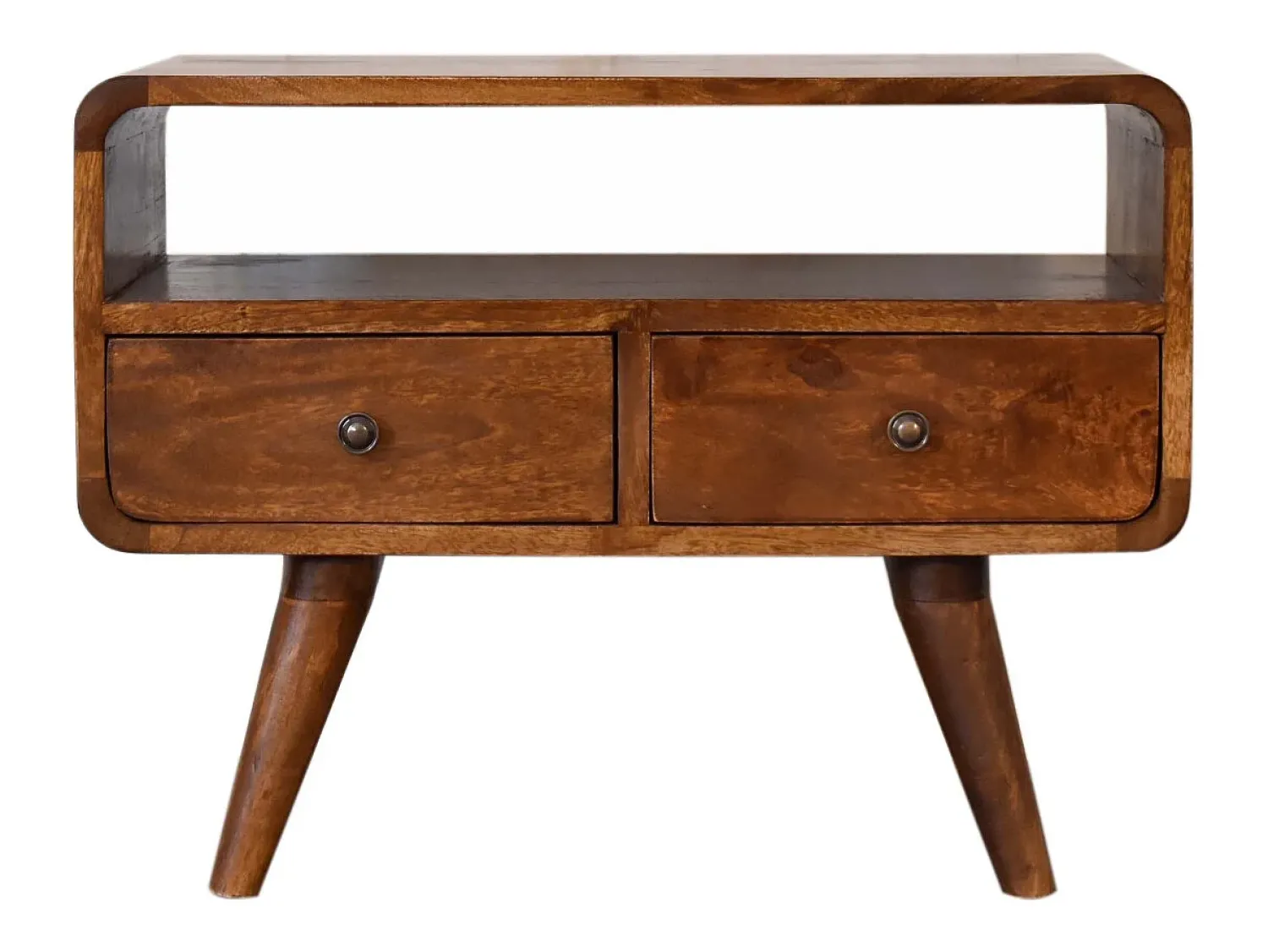 Móvel de TV Mini curvo em castanheiro Artisan Furniture, 2 gavetas, 1 prateleira aberta,^ Móvel De Tv