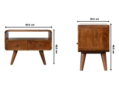 Móvel de TV Mini curvo em castanheiro Artisan Furniture, 2 gavetas, 1 prateleira aberta,^ Móvel De Tv