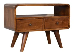 Móvel de TV Mini curvo em castanheiro Artisan Furniture, 2 gavetas, 1 prateleira aberta,^ Móvel De Tv