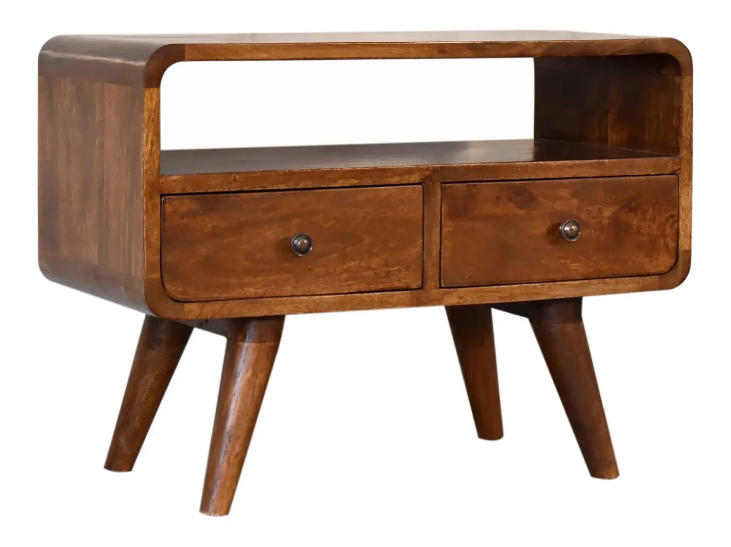Móvel de TV Mini curvo em castanheiro Artisan Furniture, 2 gavetas, 1 prateleira aberta,^ Móvel De Tv