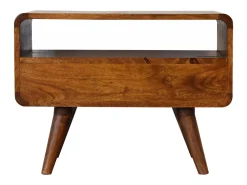 Móvel de TV Mini curvo em castanheiro Artisan Furniture, 2 gavetas, 1 prateleira aberta,^ Móvel De Tv